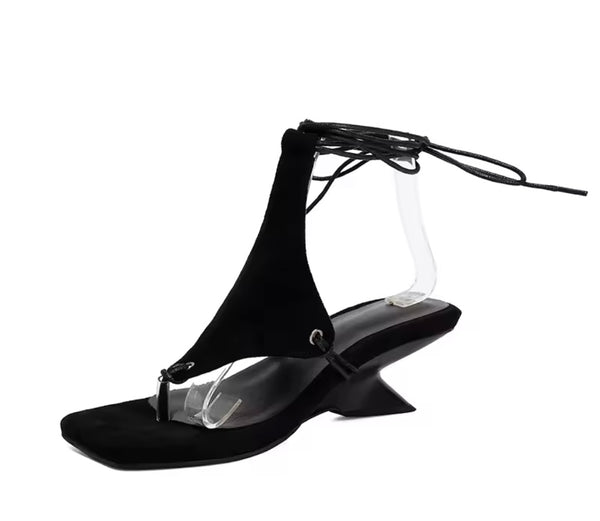 Women Fashion Suede Lace Up Wedge Heel Sandals