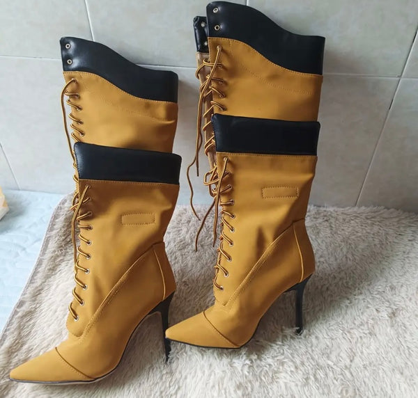 Women Pointed Toe Lace Up Knee High Fashion Boots