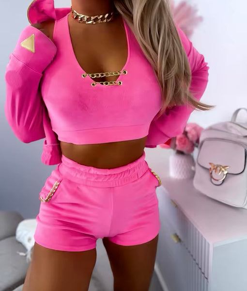 Women Fashion Pink Velour Chain Three Piece Short Set