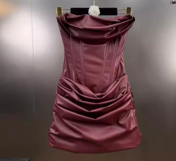 Women Sexy Fashion Strapless Faux Leather Ruched Dress