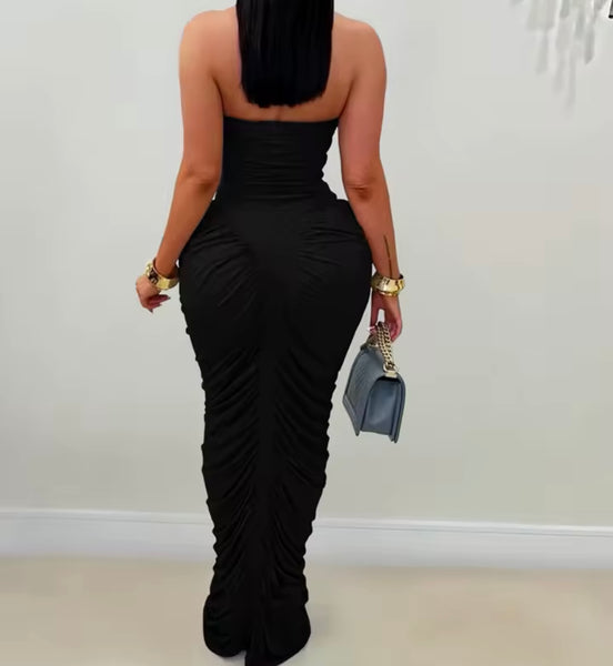Women Sexy Strapless Ruched Maxi Dress