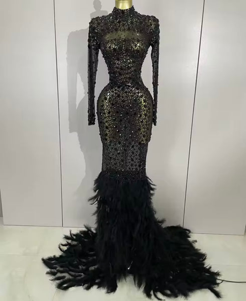 Women Sexy Color Crystal Feather Full Sleeve Mesh Maxi Dress