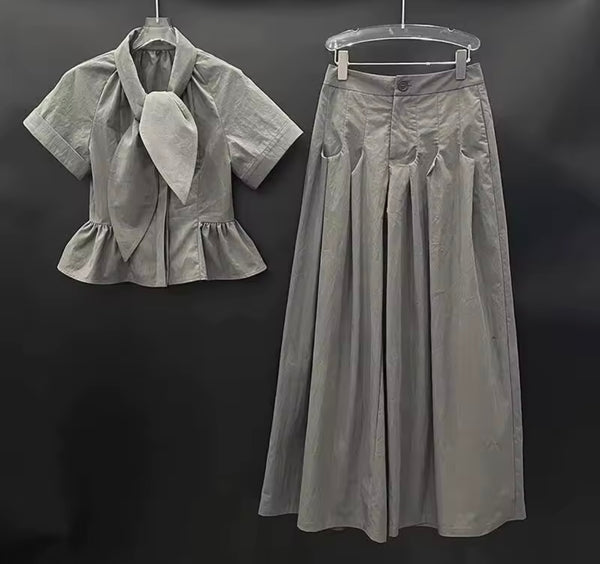 Women Fashion Tie Up Short Sleeve Two Piece Wide Leg Pant Set