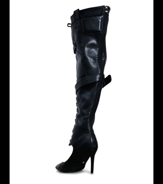 Women Fashion Black Buckled Lace Up Faux Leather Knee High Boots