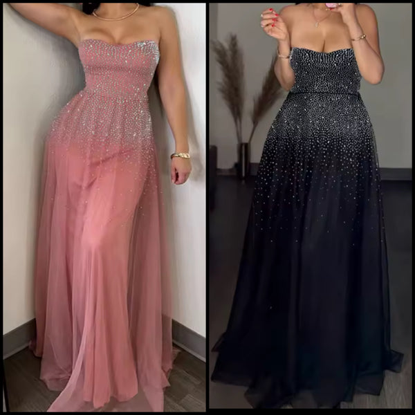 Women Strapless Rhinestone Tulle Sexy Maxi Dress