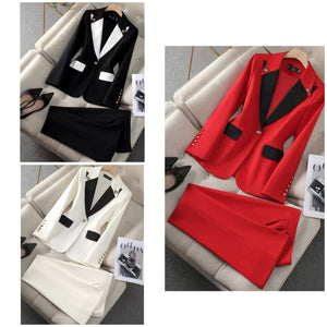 Women Fashion Color Patchwork Button Blazer Two Piece Pant Set