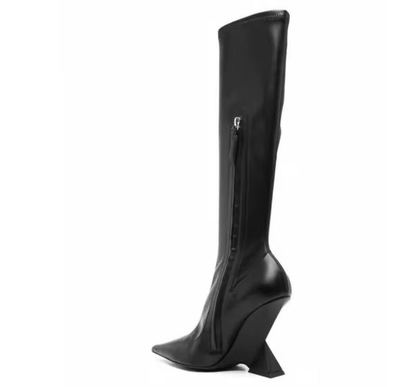 Women Black Fashion Faux Leather Knee High Wedge Boots