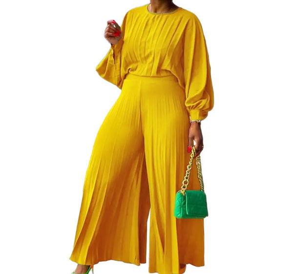 Women Fashion Full Sleeve Solid Color Two Piece Pleated Pant Set