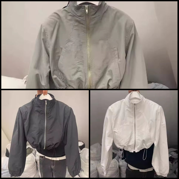 Women Fashion Drawstring Zip Up Jacket