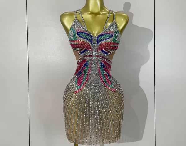 Women Sexy Sleeveless Colorful Rhinestone Mesh Dress