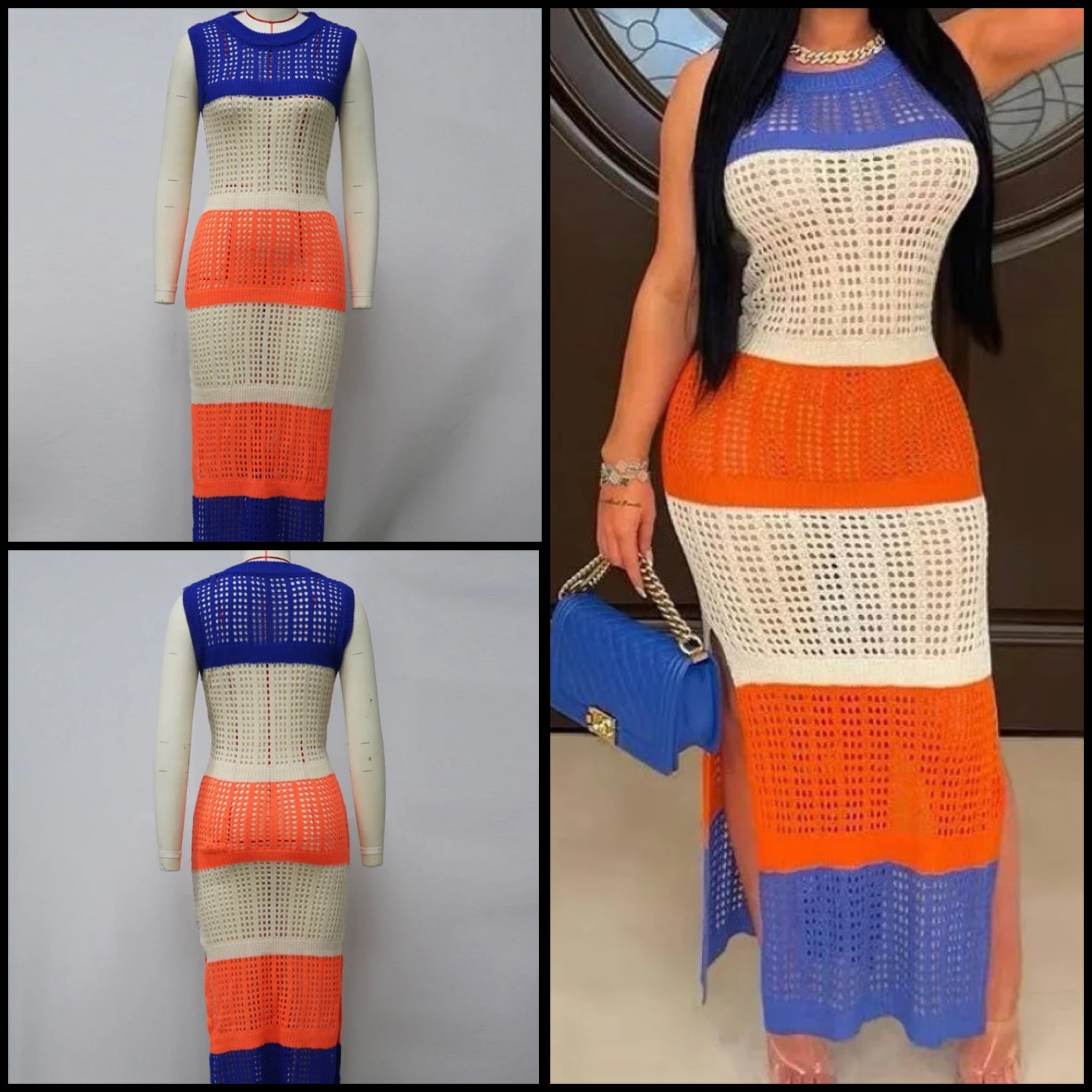 Women Sexy Sleeveless Color Patchwork Knitted Maxi Dress