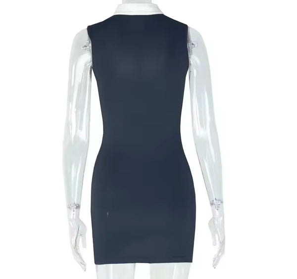 Women Sexy B&W Collar Sleeveless Dress