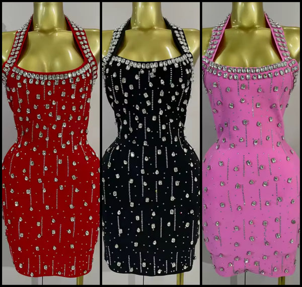 Women Sexy Halter Sleeveless Rhinestone Tassel Dress