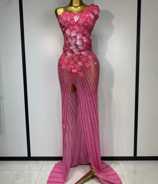 Women Pink One Shoulder Sleeveless Rhinestone Floral Mesh Maxi Dress
