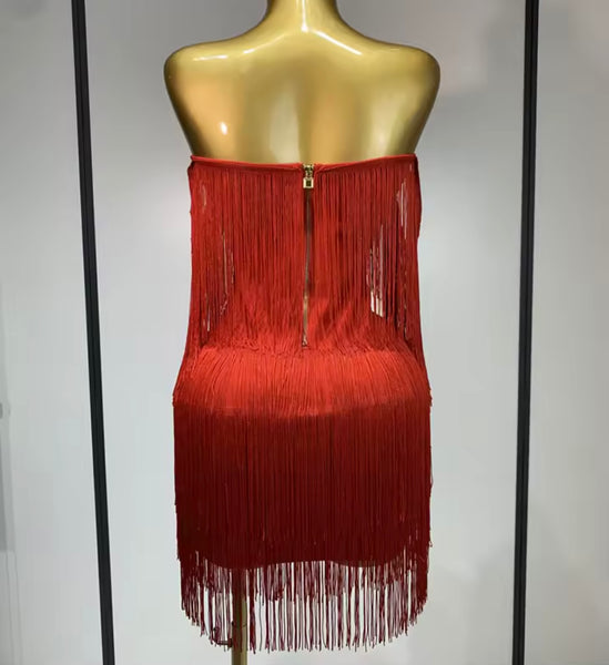 Women Sexy Strapless Solid Color Fringe Tassel Dress
