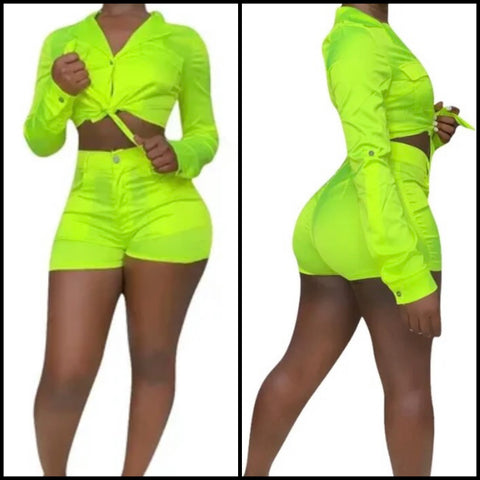 Women Sexy Fashion Neon Green Full Sleeve Two Piece Short Set