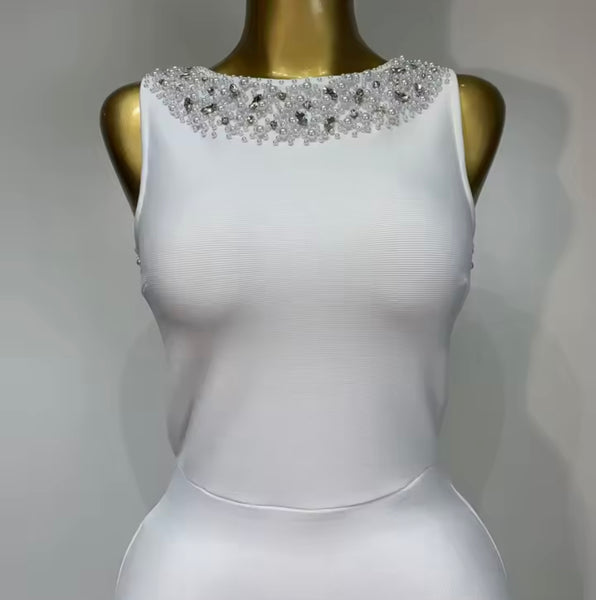 Women Sexy Rhinestones Pearl Open Back Maxi Dress