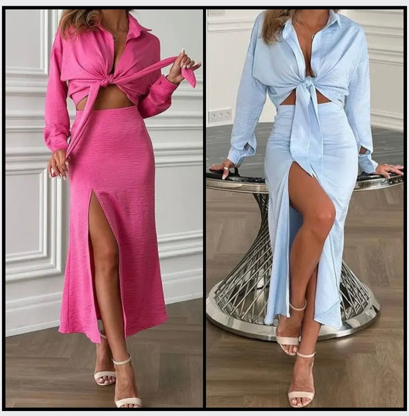 Women Sexy Solid Color Full Sleeve Two Piece Maxi Skirt Set