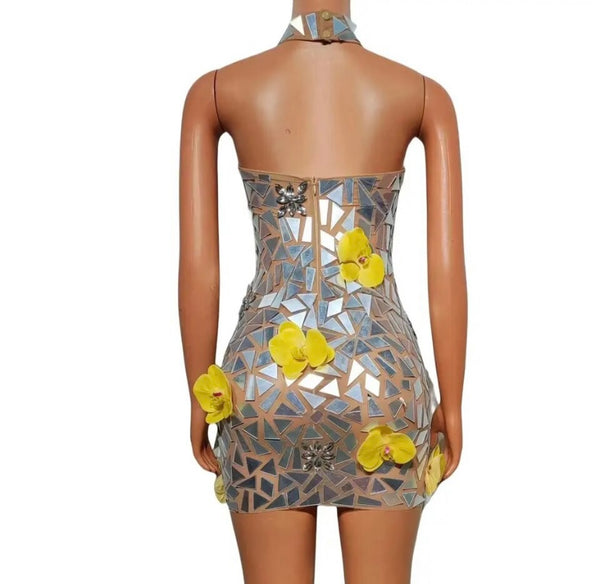 Women Sexy Silver Sleeveless Yellow Floral Patchwork Dress