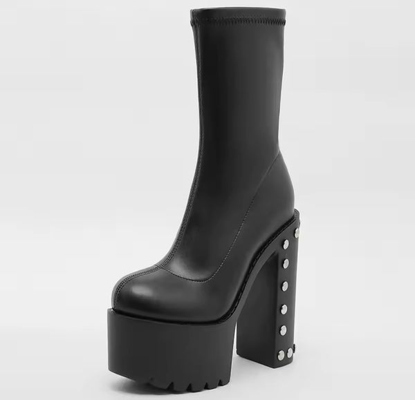 Women Fashion Black Platform Rivet High Heel Ankle Boots
