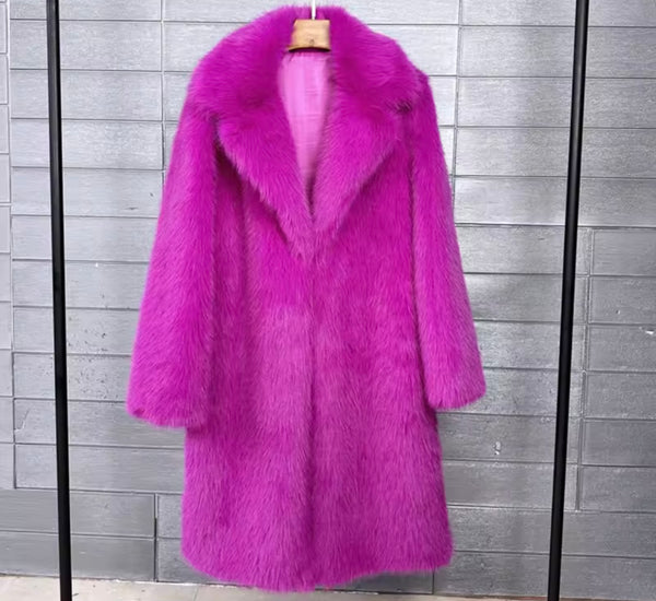 Women Fashion Color Faux Fur Long Coat