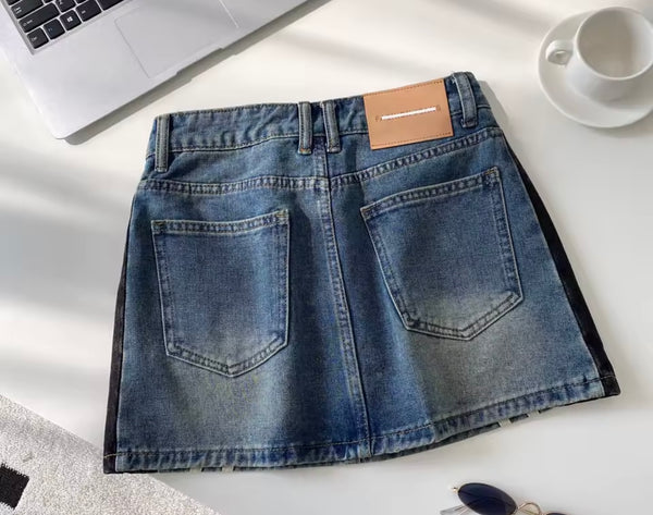 Women Fashion Striped Color Patchwork Denim Skirt