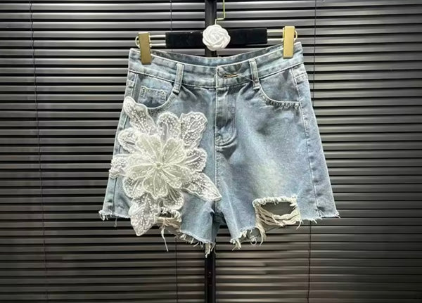 Women Fashion Beaded Floral Ripped Denim Shorts