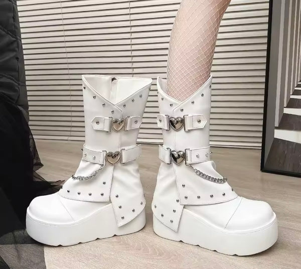 Women Heart Rivet Chain Zip Up Platform Ankle Boots
