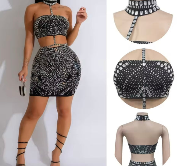 Women Sexy Choker Sleeveless Bling Mesh Two Piece Skirt Set