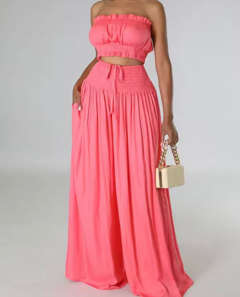 Women Ruffled Strapless Tube Top Two Piece Wide Leg Pant Set