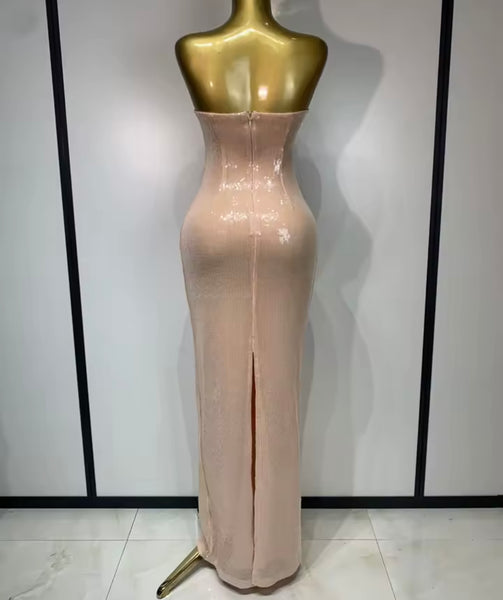 Women Sexy Pink Strapless Sequins Maxi Dress