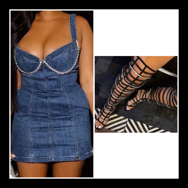 Women Sexy Fashion Sleeveless Bling Denim Dress