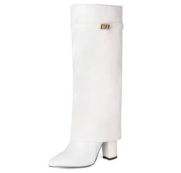 Women Pointed Toe Buckled Fashion Faux Leather Knee High Boots