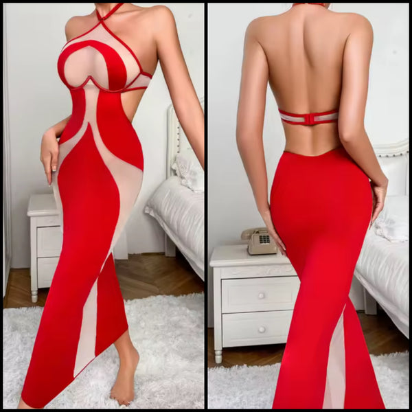 Women Red Mesh Patchwork Sexy Nightgown Lingerie Set