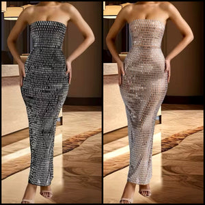 Women Sexy Strapless Bling Mesh Tube Maxi Dress