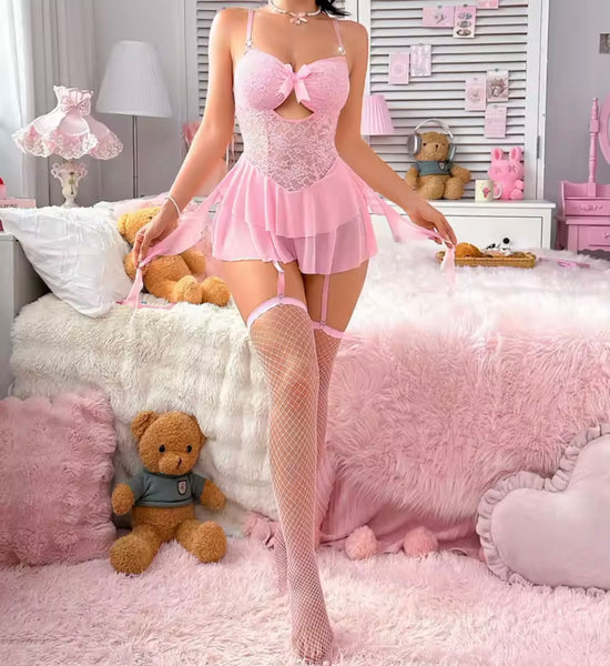 Women Sexy Ruffled Lace Mesh Bow Fishnet Lingerie Set