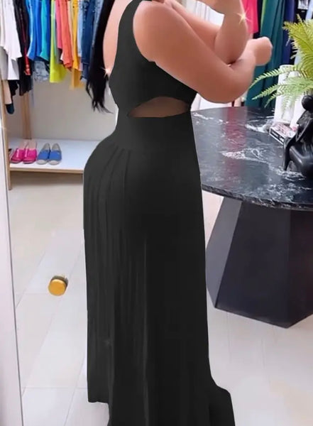 Women Sexy Solid Color Mesh Patchwork Sleeveless Maxi Dress