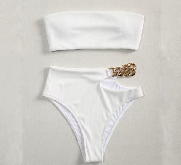 Women Sexy Strapless Solid Color Ribbed Gold Chain Bikini