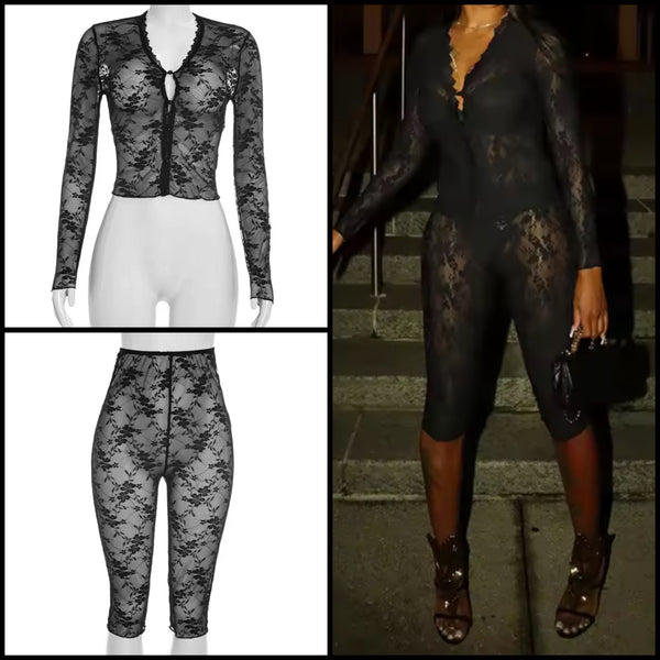 Women Sexy Black Lace Full Sleeve Two Piece Capri Pant Set
