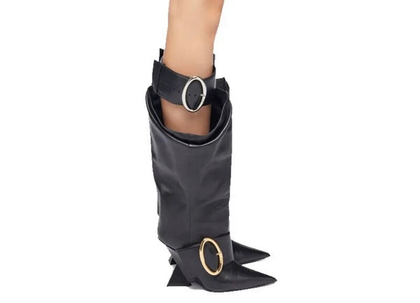 Women Pointed Toe Buckled Platform Wedge Faux Leather Boots