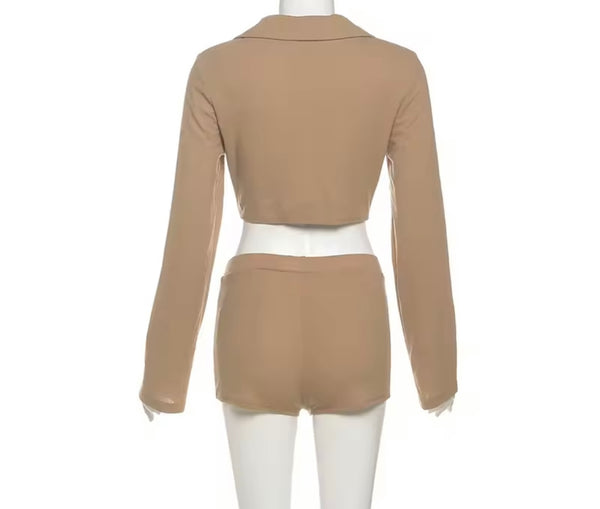Women Solid Color Full Sleeve Crop Fashion Two Piece Short Set