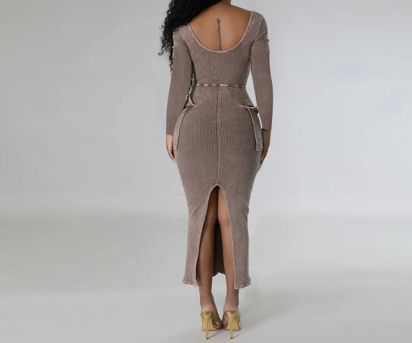 Women Sexy Full Sleeve Solid Color Ribbed Maxi Dress