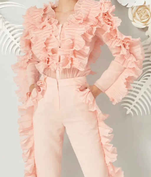 Women Ruffled Full Sleeve Fashion Two Piece Pant Set