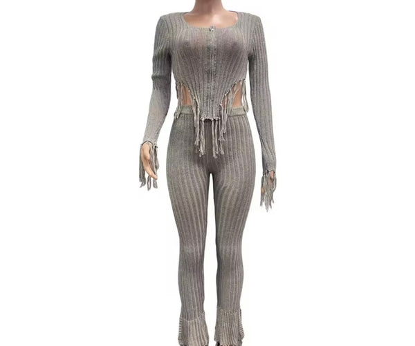 Women Gray Ribbed Fringe Full Sleeve Fashion Two Piece Pant Set