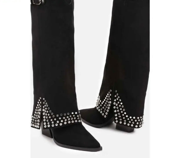 Women Fashion Rivet Suede/Faux Leather Knee High Boots