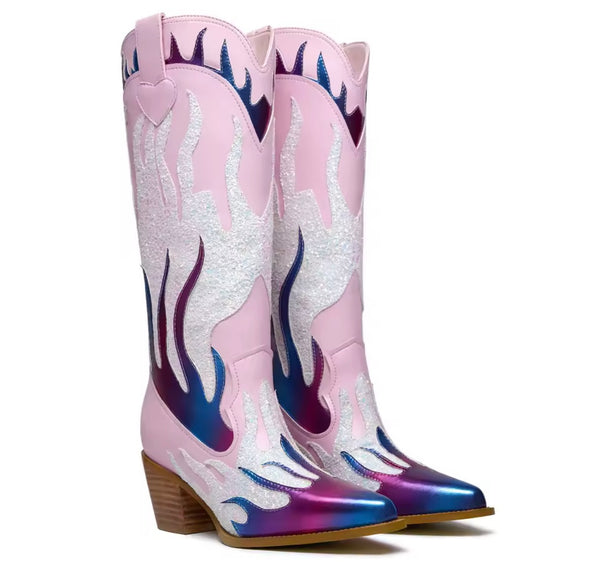 Women Fashion Pink Colorful Print Knee High Western Boots