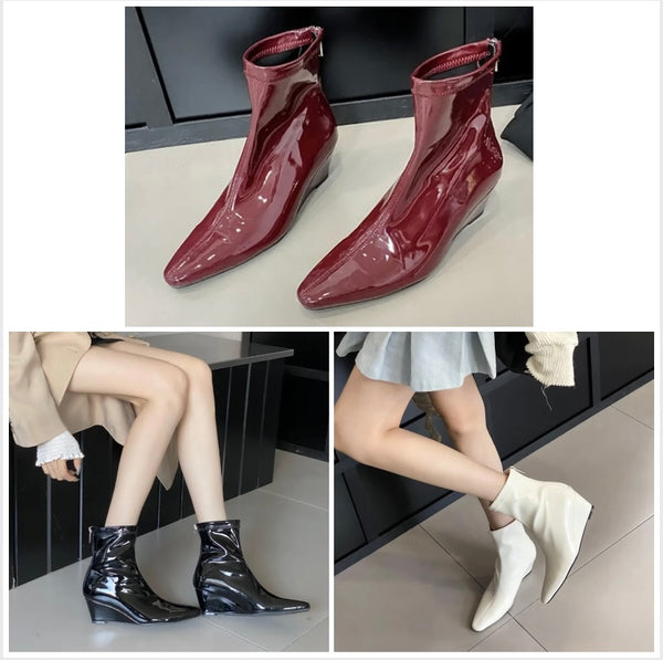 Women Fashion Patent Leather Wedge Platform Ankle Boots