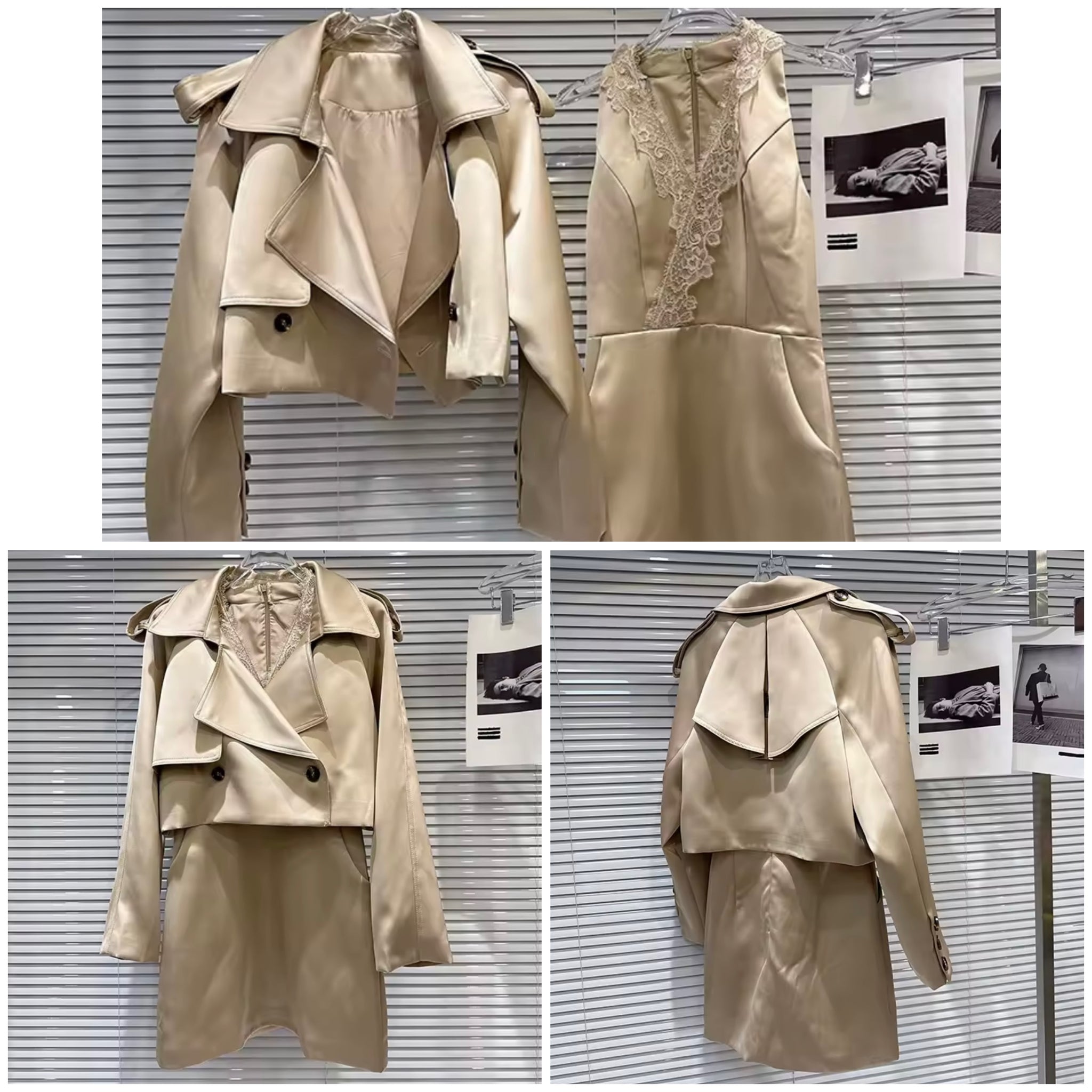 Women Fashion Khaki Sleeveless Dress Two Piece Jacket Set