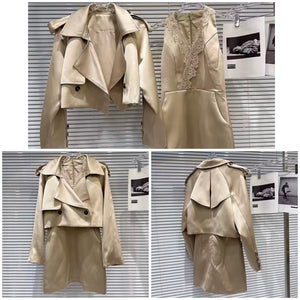 Women Fashion Khaki Sleeveless Dress Two Piece Jacket Set