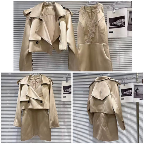 Women Fashion Khaki Sleeveless Dress Two Piece Jacket Set